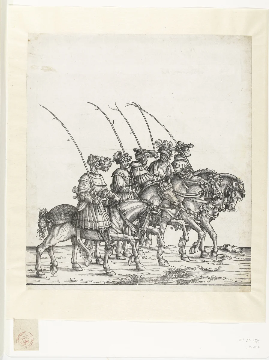 Vijf jagers te paard bij de jacht naar edelherten by Hans Burgkmair, print, 1483-1526