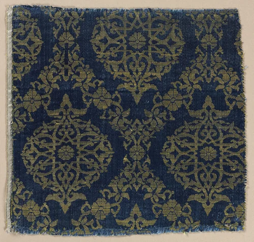 Lampas with foliate medallions in ogival lattice by Unknown, textile, 1400-1499