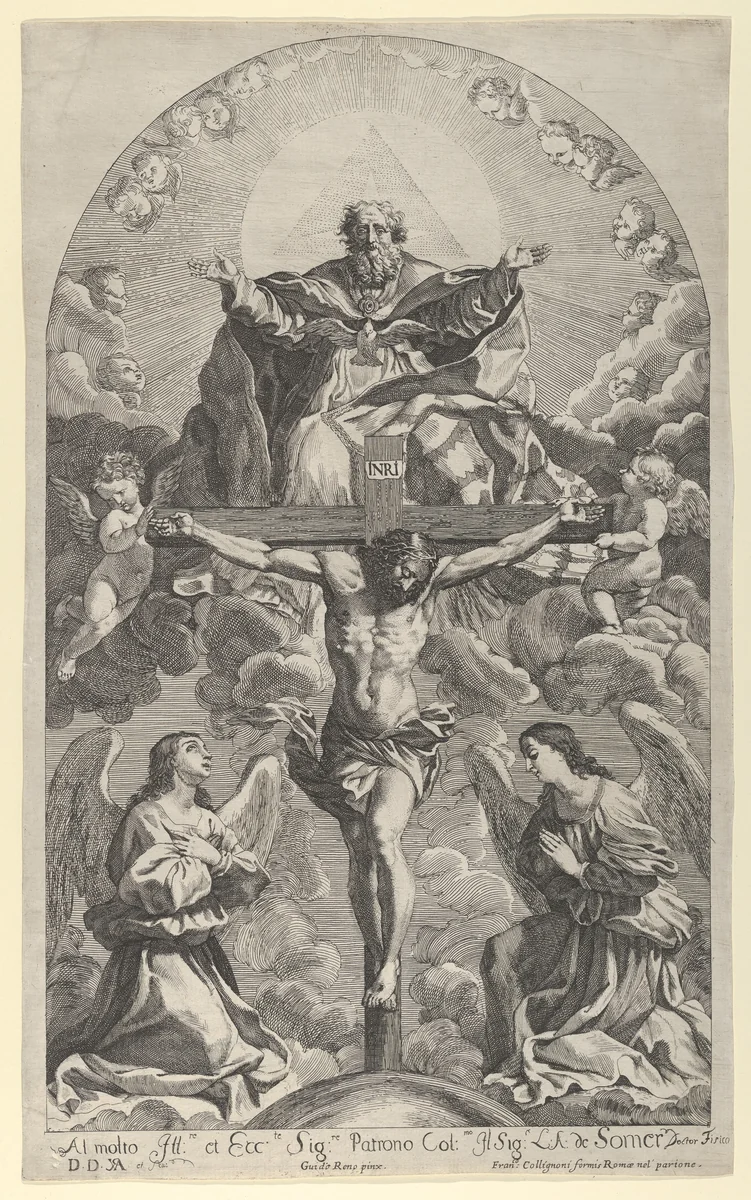 The Holy Trinity; Christ on the cross flanked by two angels, the Holy Spirit as a dove and God in heaven above the cross, a rectangular composition with half-circle at the top, after Reni by Robert van Audenaerde, print, 1683-1687