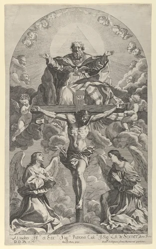 The Holy Trinity; Christ on the cross flanked by two angels, the Holy Spirit as a dove and God in heaven above the cross, a rectangular composition with half-circle at the top, after Reni by Robert van Audenaerde, print, 1683-1687
