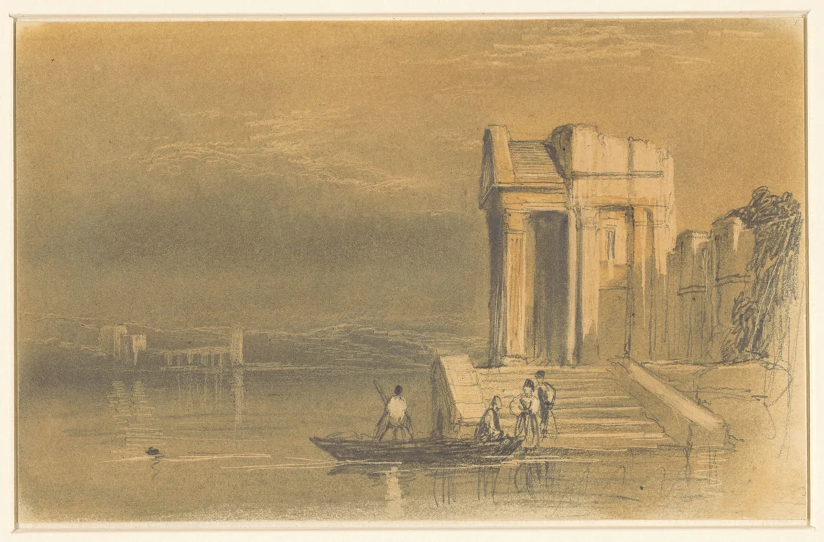 Tempelruïnes aan een meer in een Italiaans landschap by William Clarkson Stanfield, drawing, 1803-1867