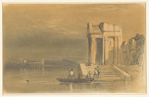 Tempelruïnes aan een meer in een Italiaans landschap by William Clarkson Stanfield, drawing, 1803-1867