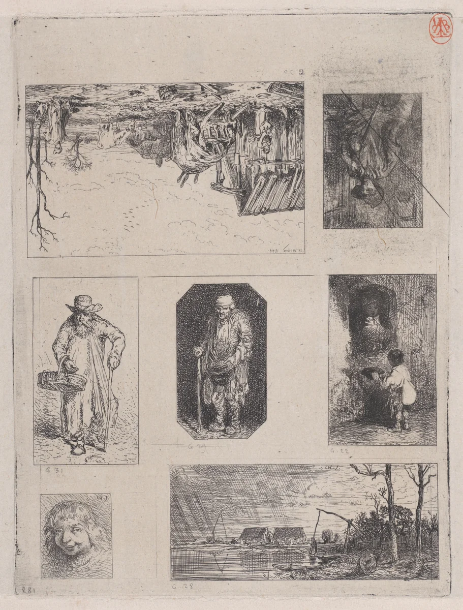 Farmyard Landscape (a), Seated Peasant (b), Beggar (c), Beggar (d), Little Beggar (e), Head of a Breton (f), and Fishing Landscape (g) by Charles Jacque, print, 1844