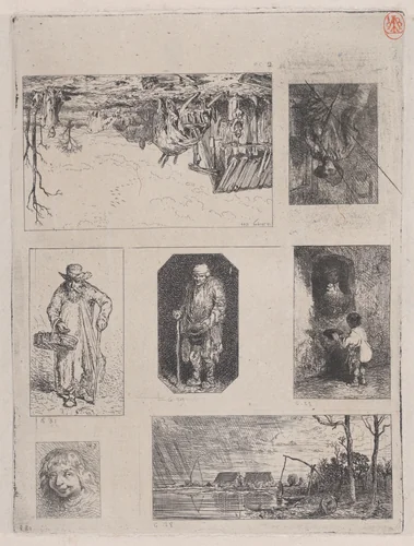 Farmyard Landscape (a), Seated Peasant (b), Beggar (c), Beggar (d), Little Beggar (e), Head of a Breton (f), and Fishing Landscape (g) by Charles Jacque, print, 1844