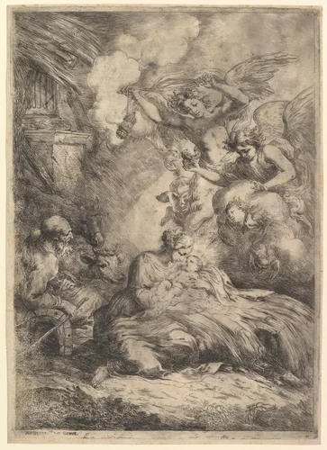 The Nativity with Angels by Bartolomeo Biscaino, print, 1650-1657