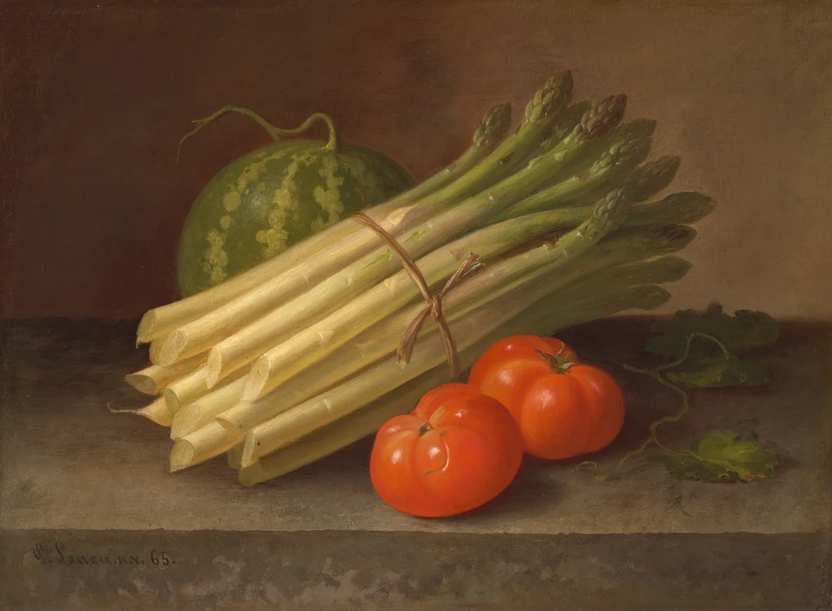Asparagus, Tomatoes, and a Squash by Paul Lacroix, painting, 1865