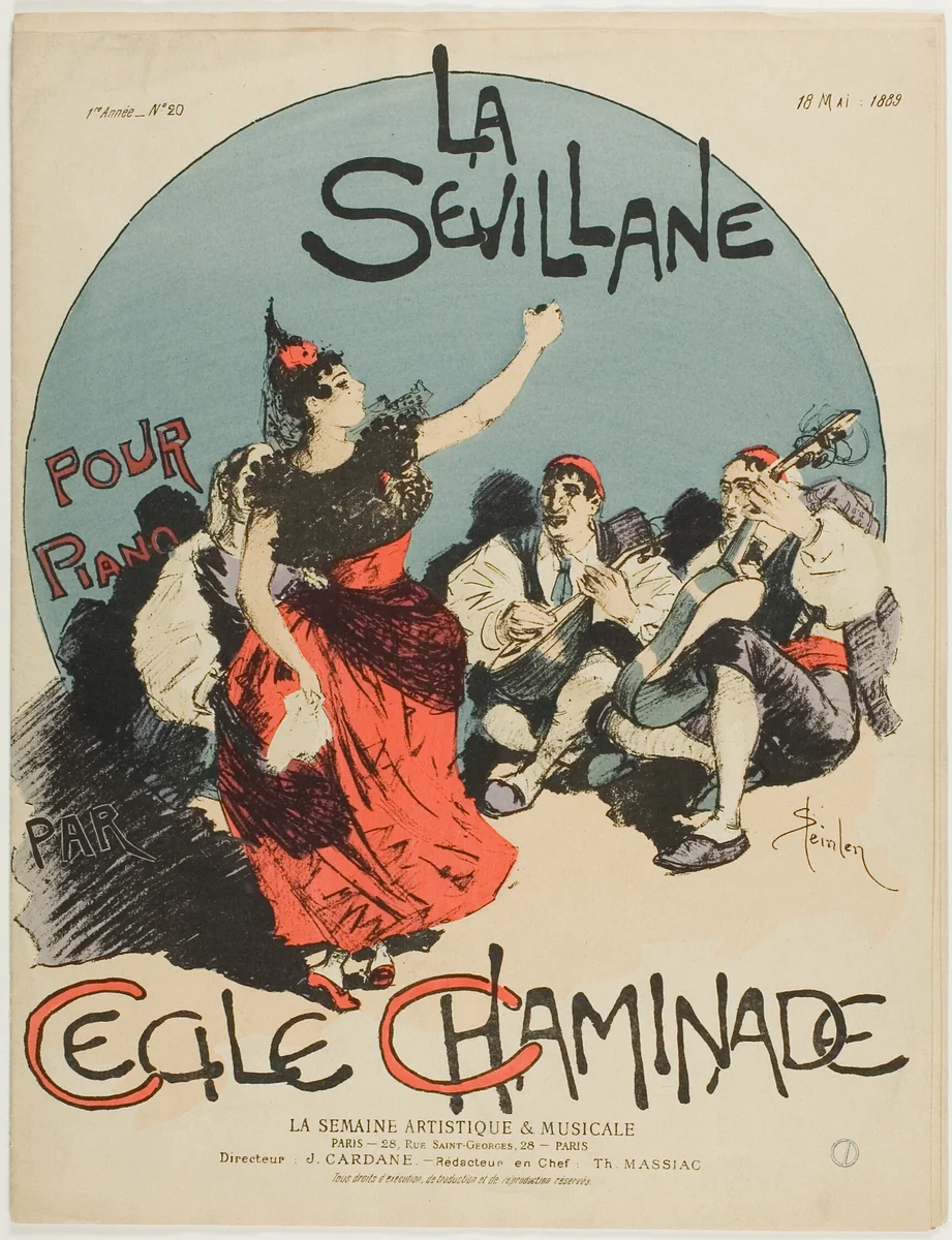 Overture for The Woman from Seville, for Piano, by Cecile Chaminade by Théophile-Alexandre Pierre Steinlen, print, 1889