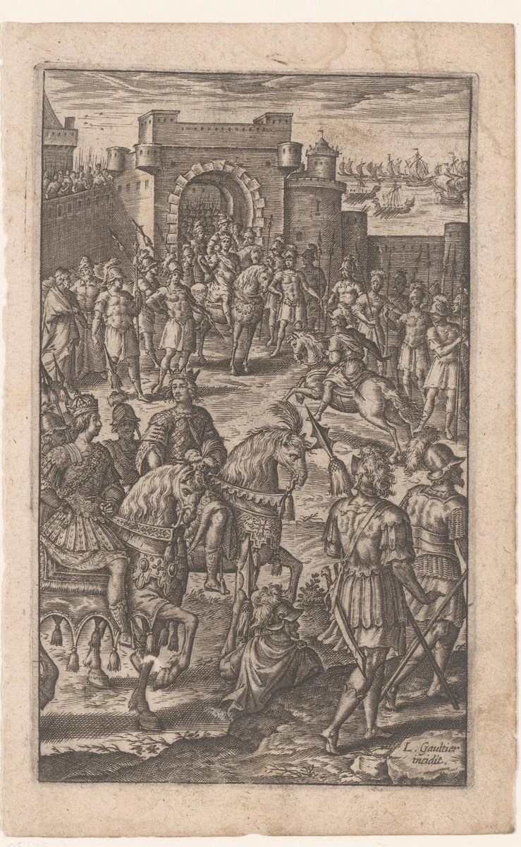 Koning te paard aan stadspoort by Unknown, print, 1571-1641