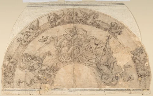 Semi-Circular Design of Battle of Sea Gods with Border of Sea Creatures by anonymous, drawing, 1570-1620