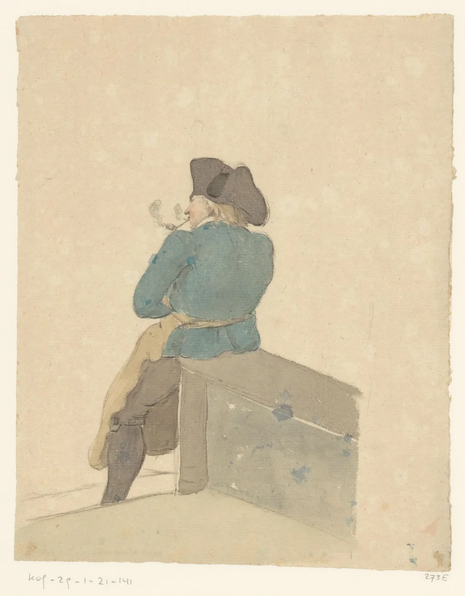 Rokende man leunt tegen een muur by anonymous, drawing, 1800-1849