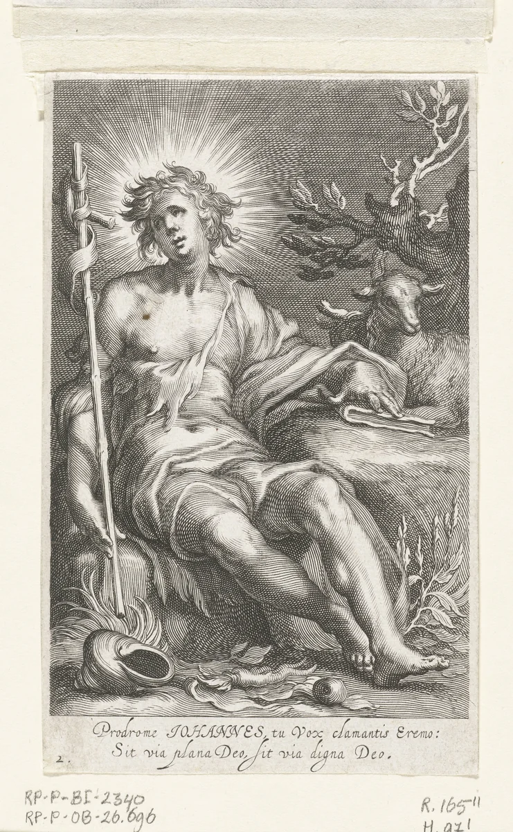 Heilige Johannes de Doper als kluizenaar by Boëtius Adamsz. Bolswert, print, 1590-1612