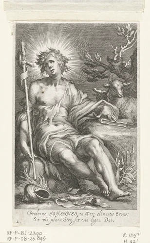 Heilige Johannes de Doper als kluizenaar by Boëtius Adamsz. Bolswert, print, 1590-1612