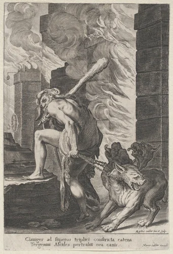 Hercules and Cerberus by Aegidius Sadeler II, print, 1586-1629