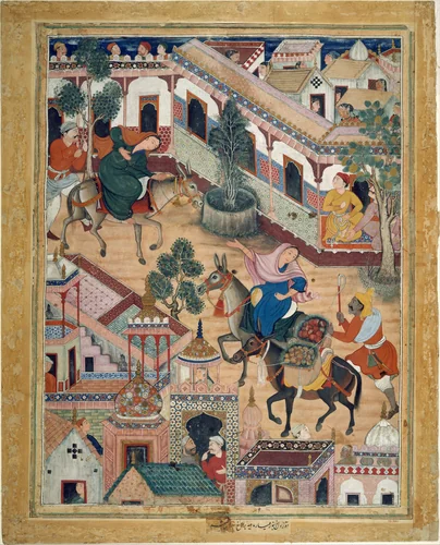"The Spy Zambur Brings Mahiya to the City of Tawariq", Folio from a Hamzanama (Book of Hamza) by Kesav Das, manuscript, 1545-1595