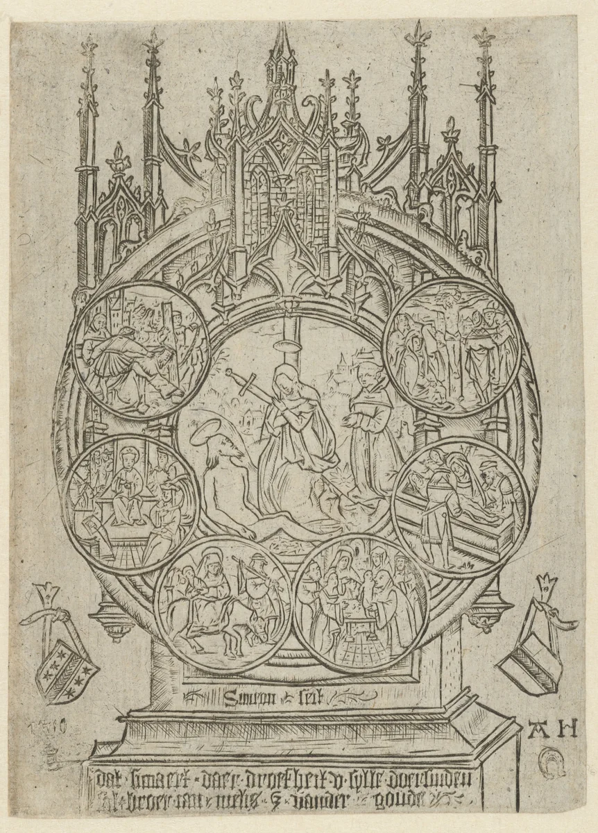 De bewening van Christus in een schrijn met zes andere voorstellingen uit het leven van Christus by Unknown, print, 1510