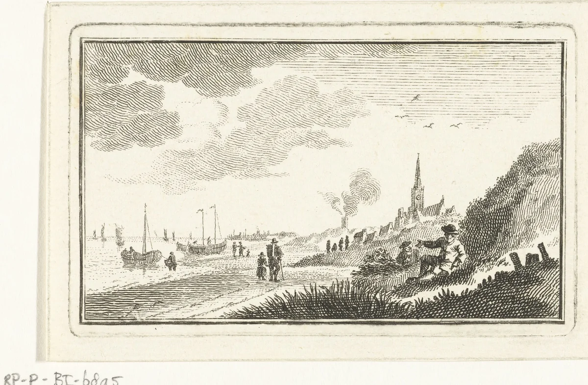 Kustgezicht met dorp in duinen en vissersboten op het strand by Abraham Delfos, print, 1764-1765