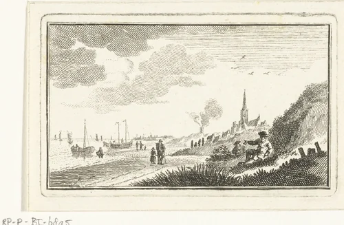 Kustgezicht met dorp in duinen en vissersboten op het strand by Abraham Delfos, print, 1764-1765