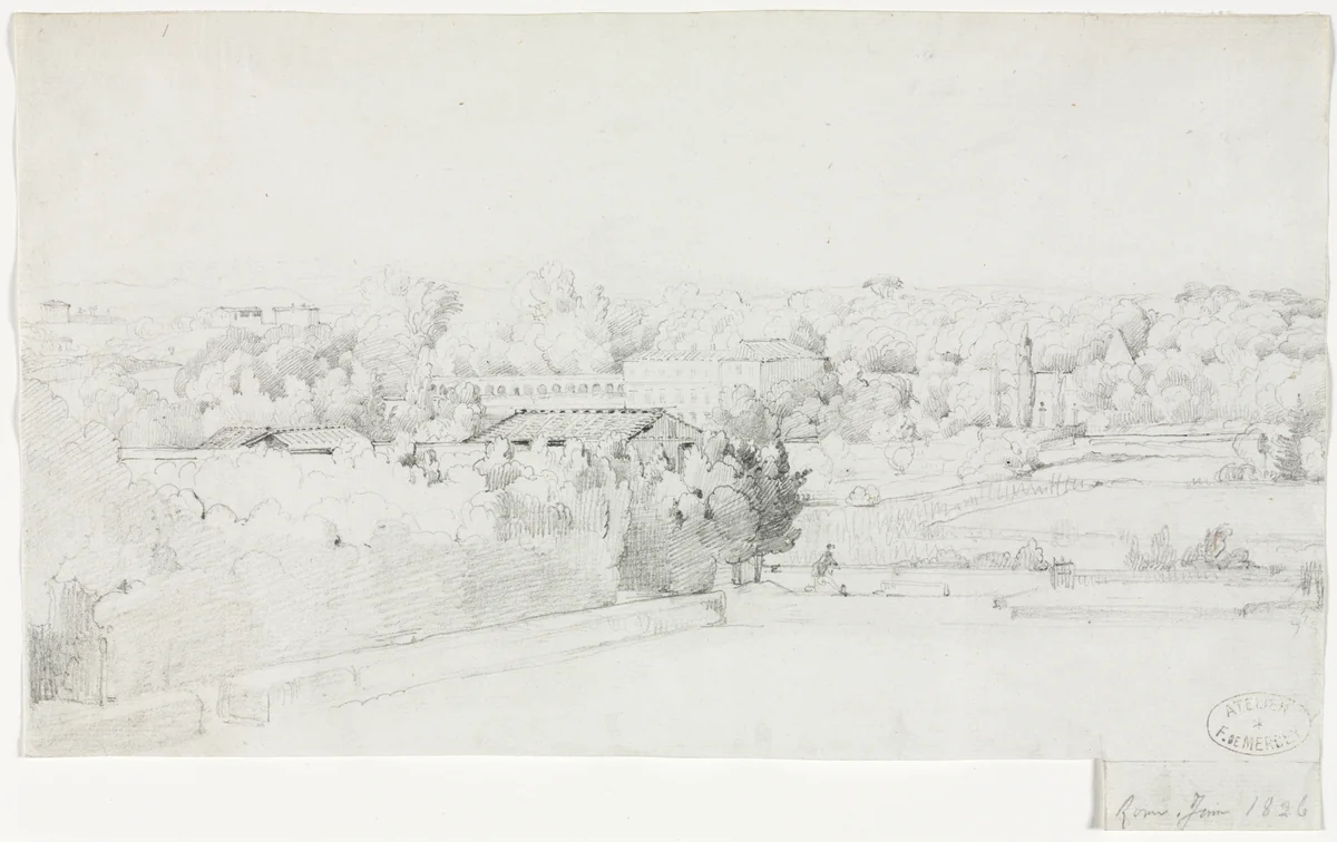 View of the Villa Borghese and its Orangerie from the Villa Medici by Frederic Bourgeois de Mercey, drawing, 1826