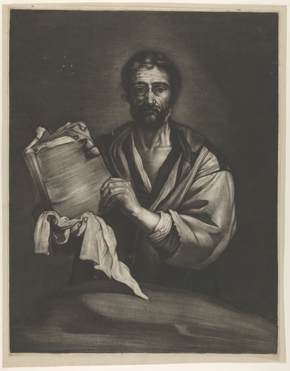 A Philosopher, looking forward, holding a book with a cloth by Bernard Vaillant, print, 1645-1698