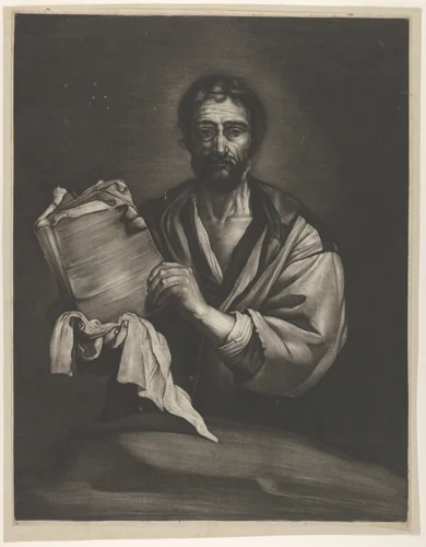 A Philosopher, looking forward, holding a book with a cloth by Bernard Vaillant, print, 1645-1698