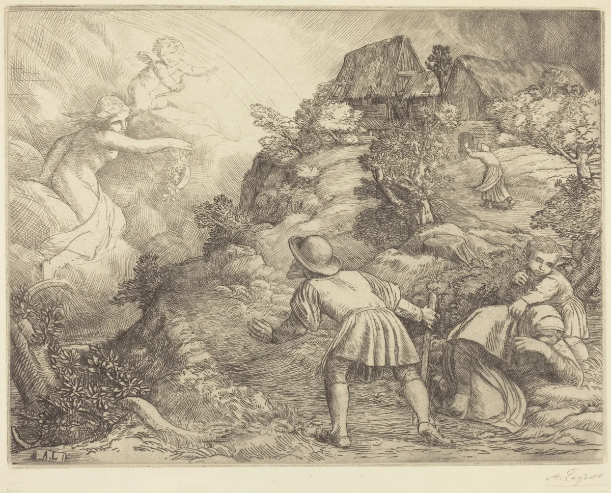 Allegory of the Peasant and Fortune (Le paysan et la fortune: Sujet allegorique by Alphonse Legros, print, 1837-1911