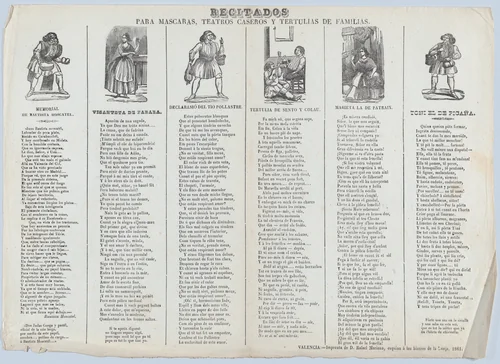 A recital sheet featuring different characters for use at social gatherings by Rafael Mariana, print, 1861
