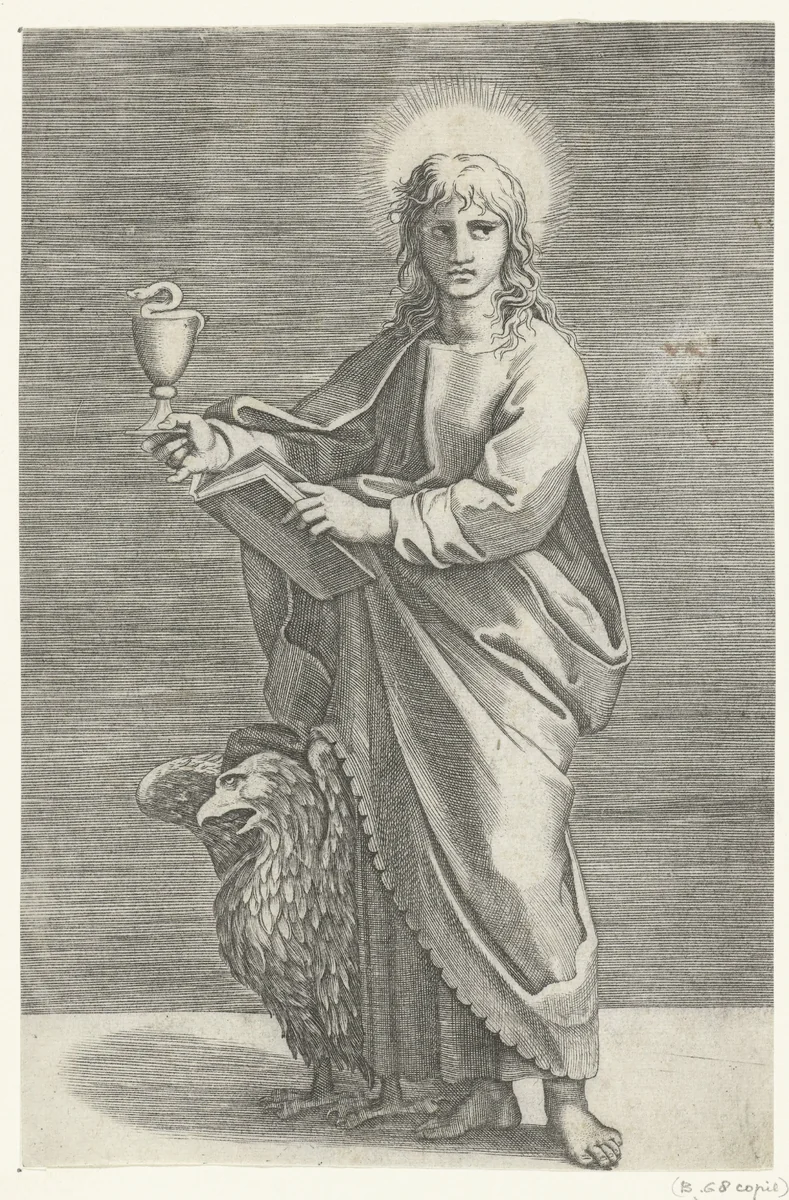 Apostel Johannes de Evangelist met miskelk en adelaar by Marco Dente, print, 1517-1527