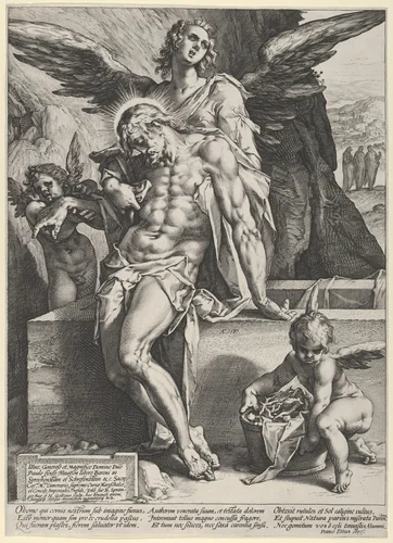 The Dead Saviour Supported by an Angel by Hendrick Goltzius, print, 1587