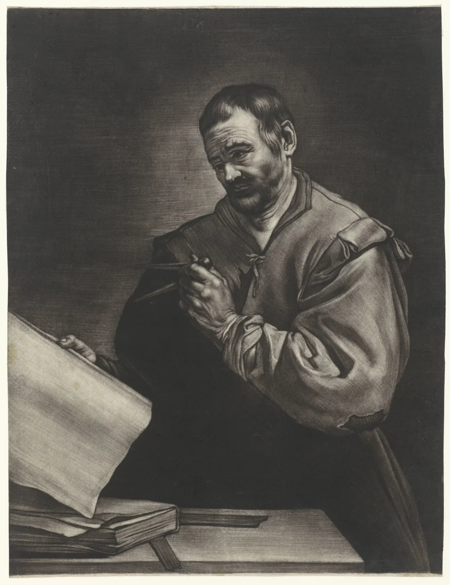 Heraclitus met een passer by Bernard Vaillant, print, 1672