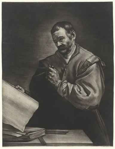 Heraclitus met een passer by Bernard Vaillant, print, 1672