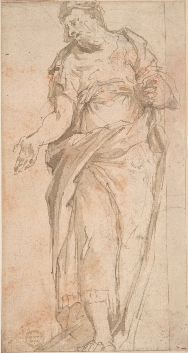 Draped Male Figure Gesturing by anonymous, drawing, 1500-1600