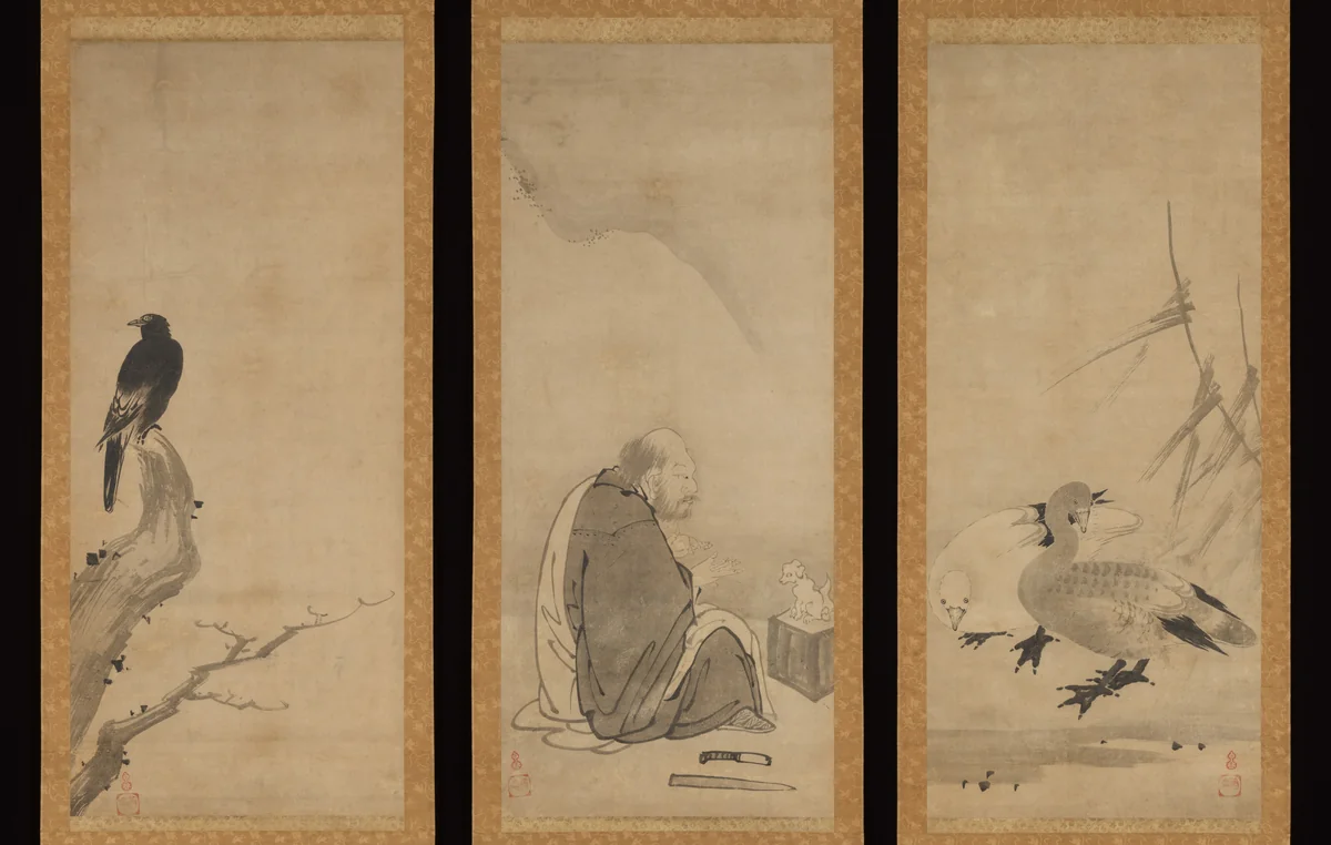 Monk Zhaozhou and Dog, with Geese and Mynah by Unkoku Tōeki, painting, 1600-1644