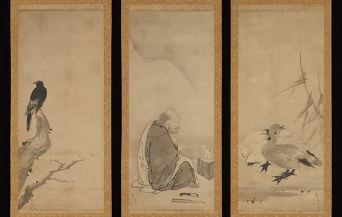 Monk Zhaozhou and Dog, with Geese and Mynah by Unkoku Tōeki, painting, 1600-1644