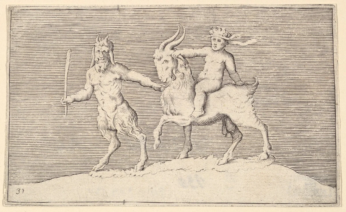 Satyr Leading Goat on which a Infant Rides, from "Ex Antiquis Cameorum et Gemmae Delineata" by anonymous, print, 1599-1622