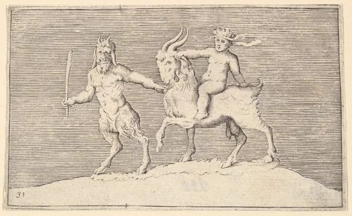 Satyr Leading Goat on which a Infant Rides, from "Ex Antiquis Cameorum et Gemmae Delineata" by anonymous, print, 1599-1622