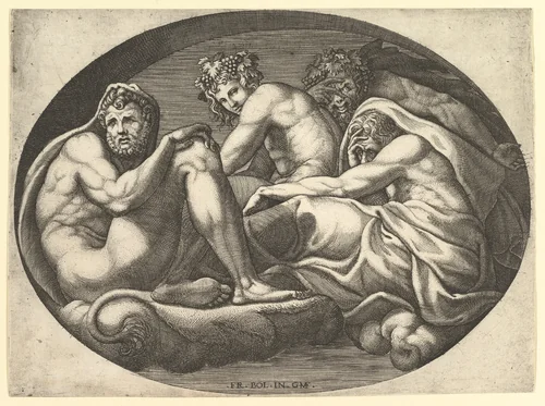 Hercules, Bacchus, Pan, and Saturn, from a series of eight compositions after Francesco Primaticcio's designs for the ceiling of the Ulysses Gallery (destroyed 1738–39) at Fontainebleau by Giorgio Ghisi, print, 1560-1569
