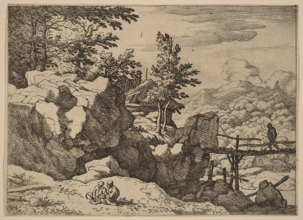 Man on a Small Wooden Bridge by Allart van Everdingen, print, 1645-1656