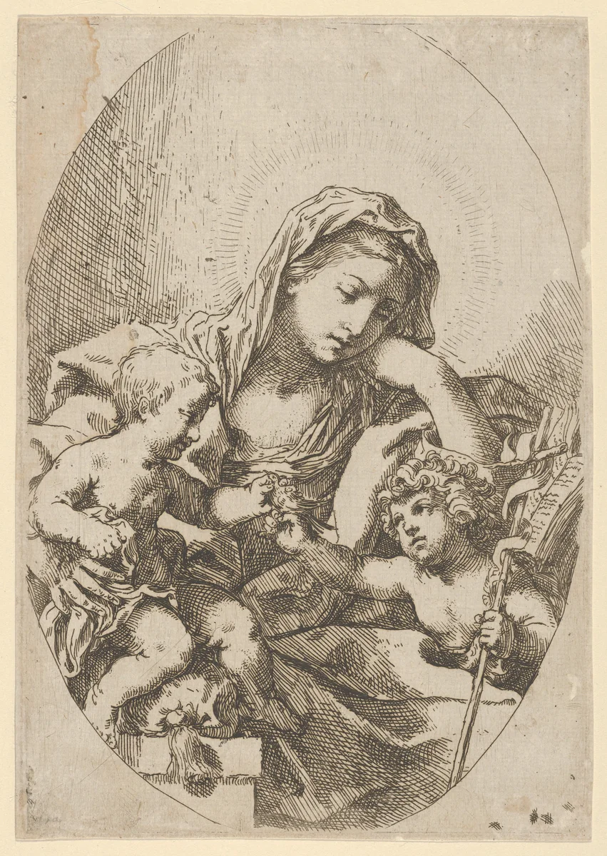 The Virgin with the Christ Child and the young Saint John the Baptist holding a bird at right, an oval composition, after Reni by Lorenzo Loli, print, 1625-1680