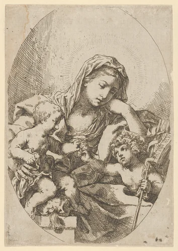 The Virgin with the Christ Child and the young Saint John the Baptist holding a bird at right, an oval composition, after Reni by Lorenzo Loli, print, 1625-1680