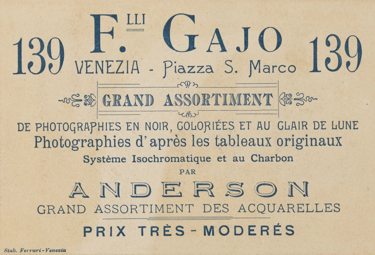 Flli Gajo, Grand assortiment, Venise by Unidentified Photographer, photograph, 1920