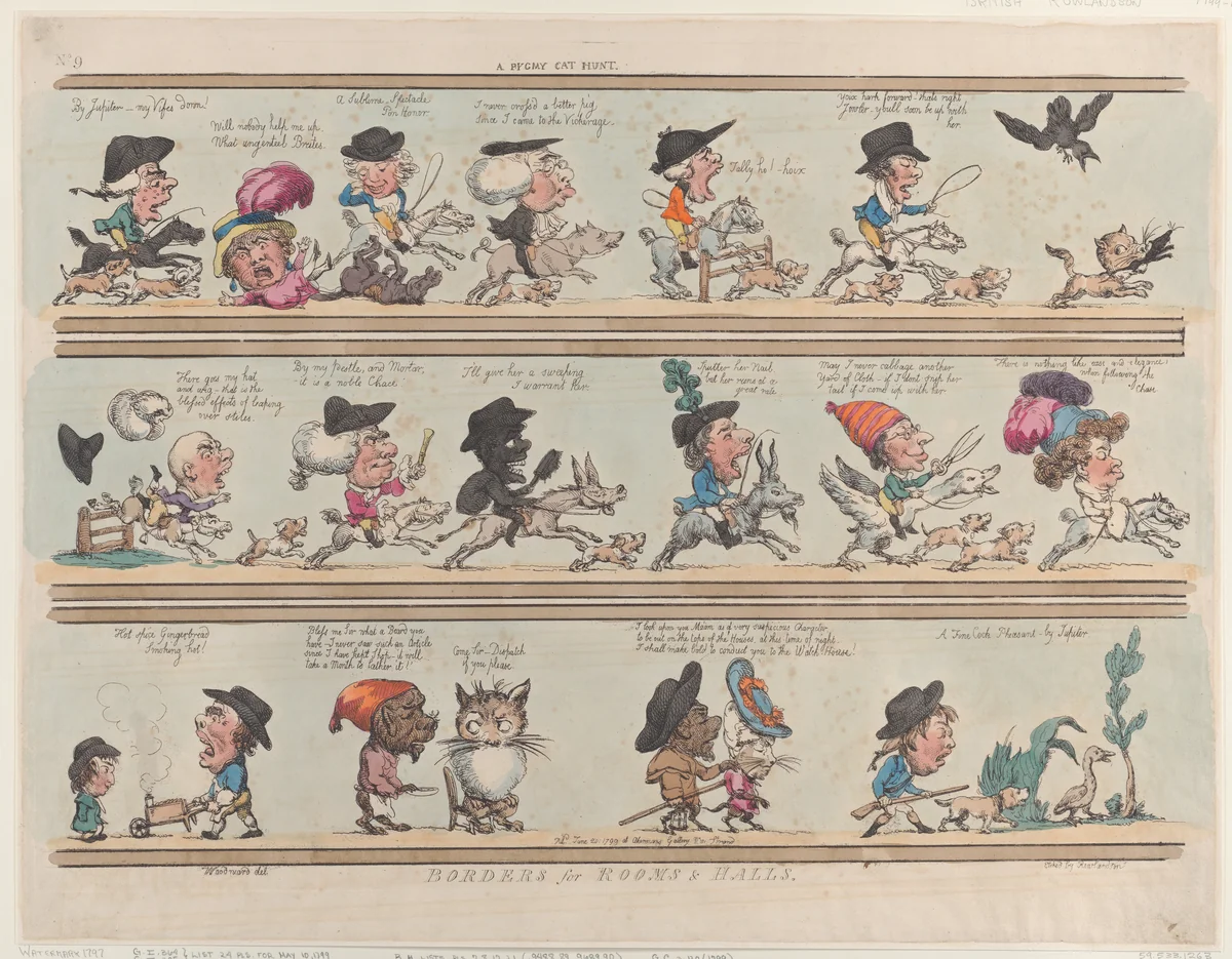 A Pygmy Cat Hunt, Borders for Rooms & Halls, Plate 9 by Thomas Rowlandson, print, 1799