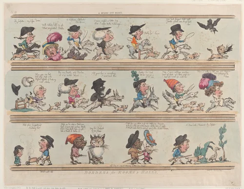 A Pygmy Cat Hunt, Borders for Rooms & Halls, Plate 9 by Thomas Rowlandson, print, 1799