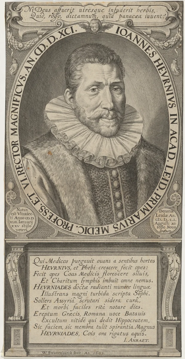 Joannes Heurnius, Medical Professor and Rector of Academy at Leyden by Willem van Swanenburgh, print, 1607