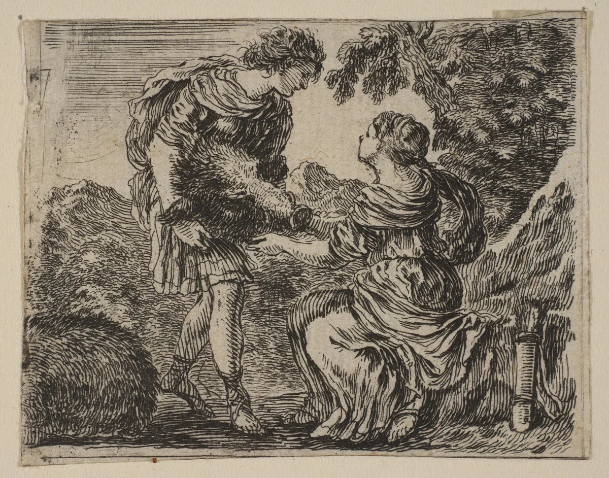 Meleager and Atalanta, from 'Game of Mythology' (Jeu de la Mythologie) by Stefano della Bella, print, 1644