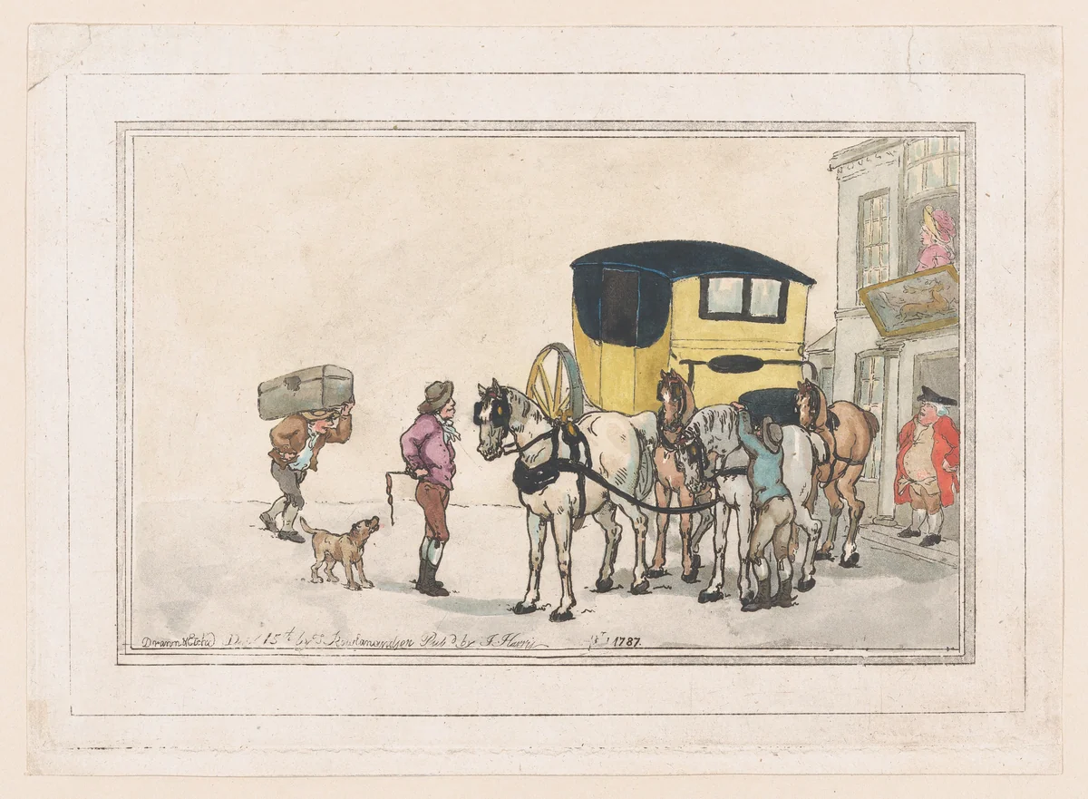 Post Boys and Post Horses at the White Hart Inn by Thomas Rowlandson, print, 1787