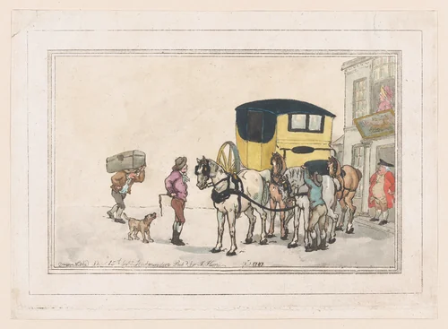 Post Boys and Post Horses at the White Hart Inn by Thomas Rowlandson, print, 1787