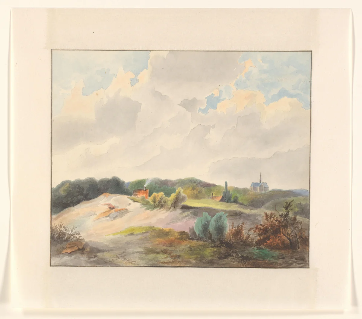 Duinlandschap met huizen en een kerk by Johannes van Reijn, drawing, 1849
