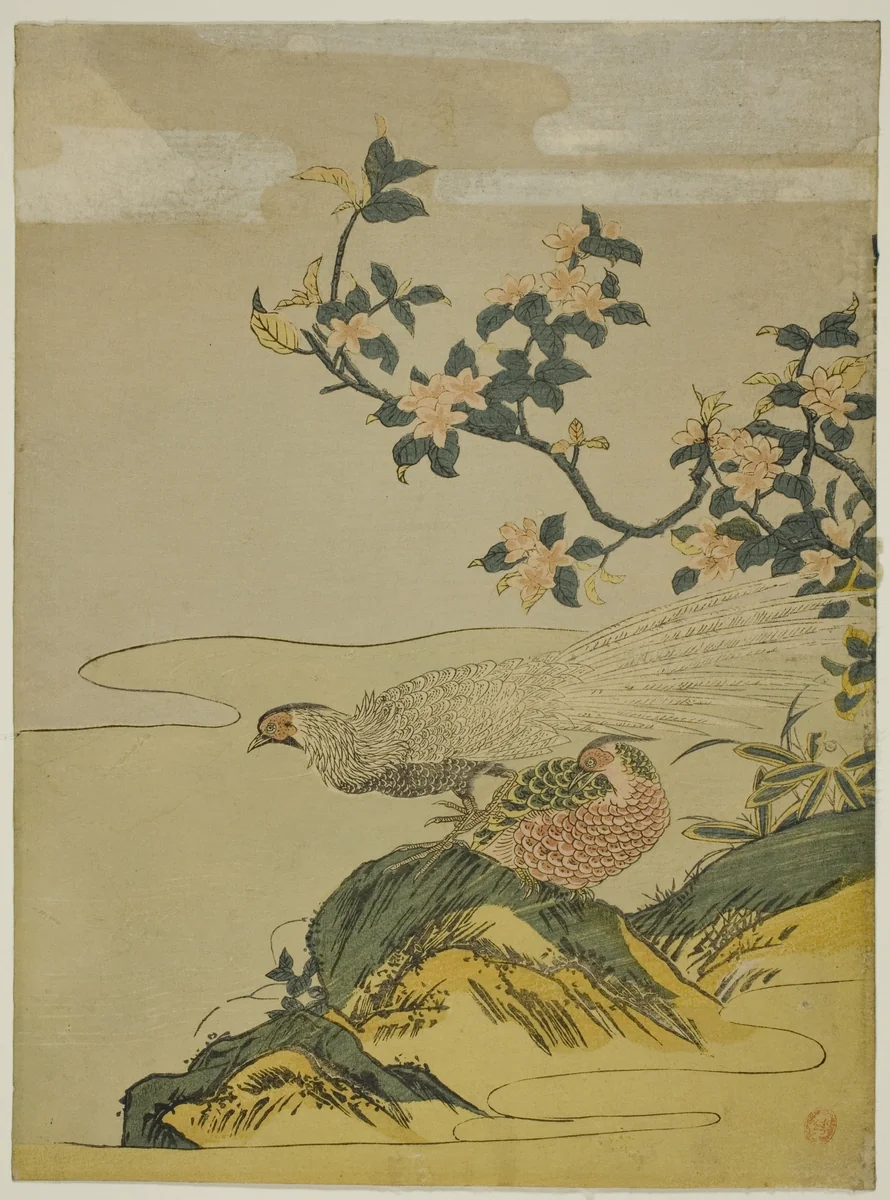 Pheasants under Branch of Peach Blossoms by Isoda Koryusai, print, 1759-1780