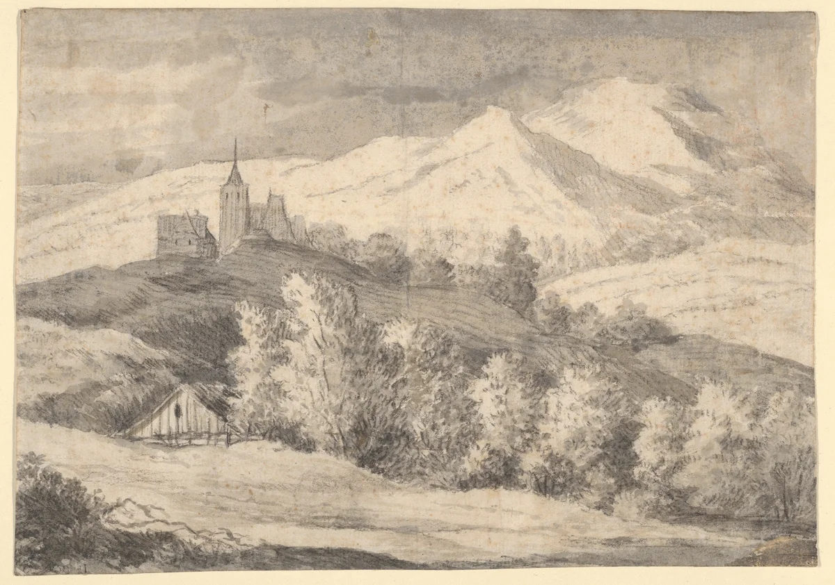 Mountaineous Landscape with a Church and Other Buildings by anonymous, drawing, 1600-1699