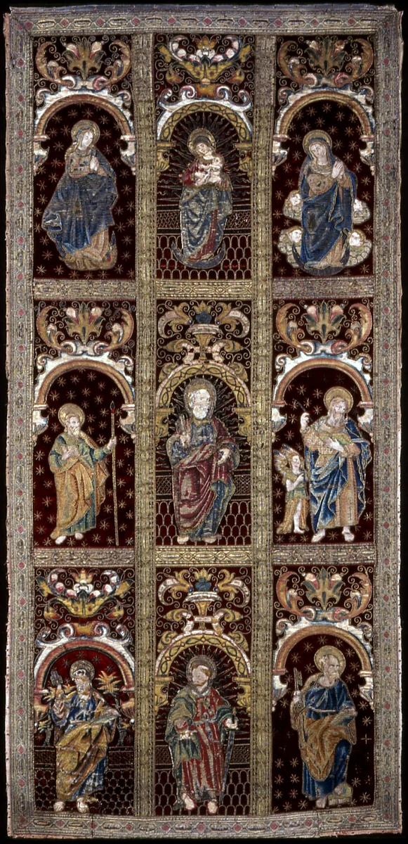 Panel (Made of Reassembled Fragments from Orphrey Bands) by Spain, textile, 1601-1700
